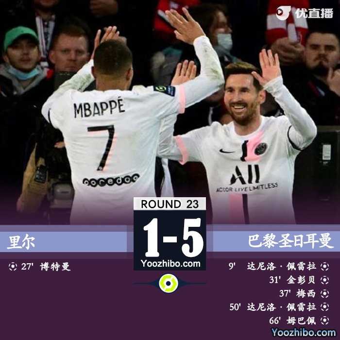 巴黎圣日耳曼客场5-1大胜里尔