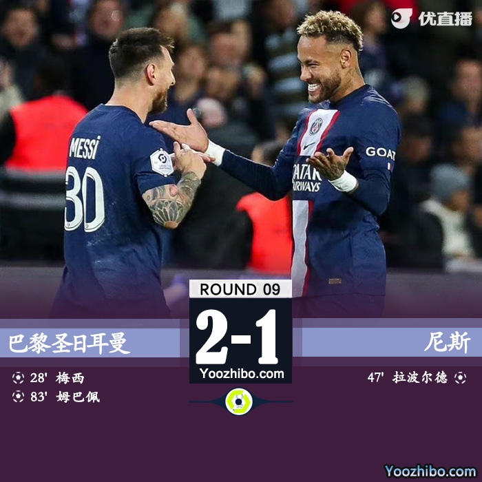 巴黎2-1尼斯 梅西任意球破门姆巴佩替补制胜 