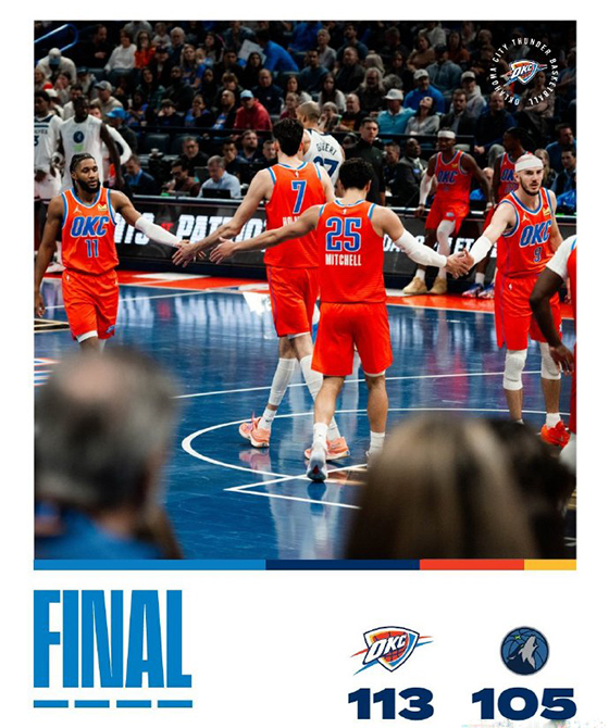 NBA杯-雷霆113-105胜森林狼取10连胜，SGA40+6创纪录，爱德华兹31+8+5