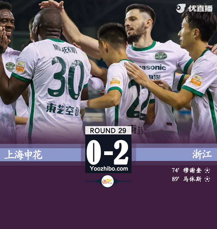 浙江2-0申花 穆谢奎破门亲升送点马修斯点射 