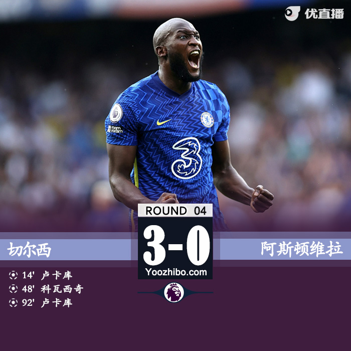 切尔西3-0完胜维拉  卢卡库梅开二度科瓦西奇传射