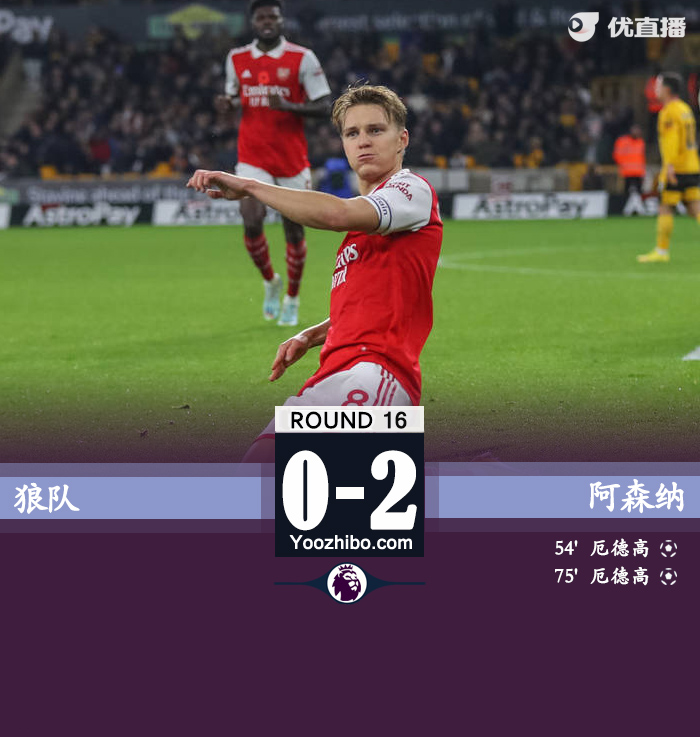 阿森纳2-0狼队 厄德高双响扎卡伤退 