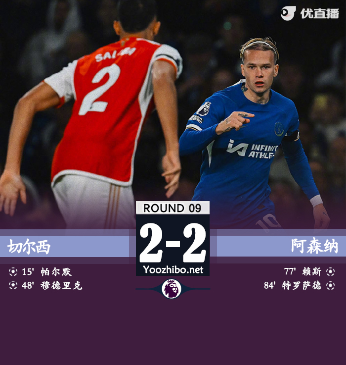 切尔西2-2阿森纳 特罗萨德救主穆德里克神仙球+造点