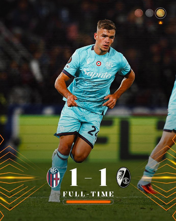 欧联杯第2轮战报：博洛尼亚1-1弗赖堡，奥尔索利尼先声夺人，阿达穆点球扳平