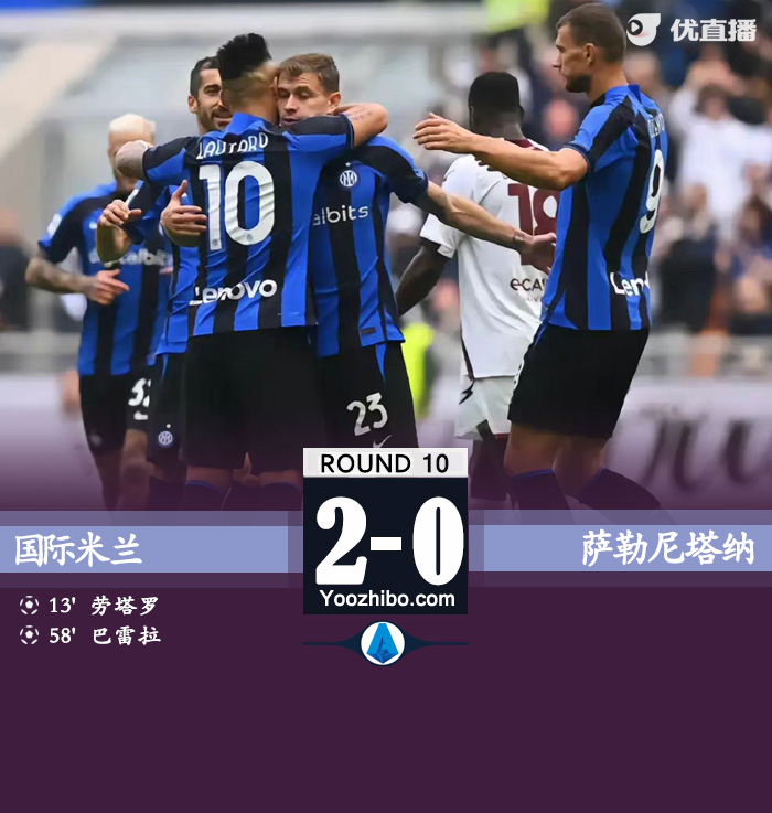 国米2-0萨勒尼塔纳 巴雷拉传射建功劳塔罗远射破门 