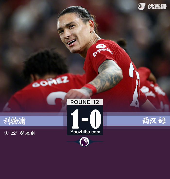 利物浦1-0西汉姆联 努涅斯制胜头球阿利森扑点 