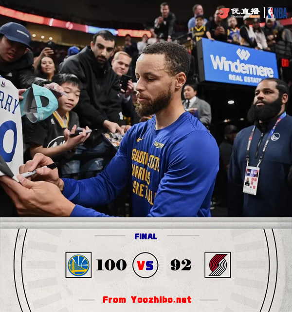 <a href=/basketball/zibo/warriors/ target=_blank class=infotextkey>勇士</a>100-92战胜<a href=/basketball/zibo/blazers/ target=_blank class=infotextkey>开拓者</a> 库里22+7+8 艾顿空砍25+11