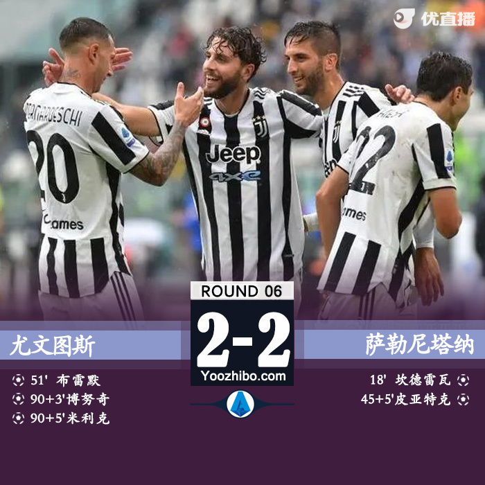 尤文2-2萨勒尼塔纳  米利克绝杀被吹博努奇布雷默破门