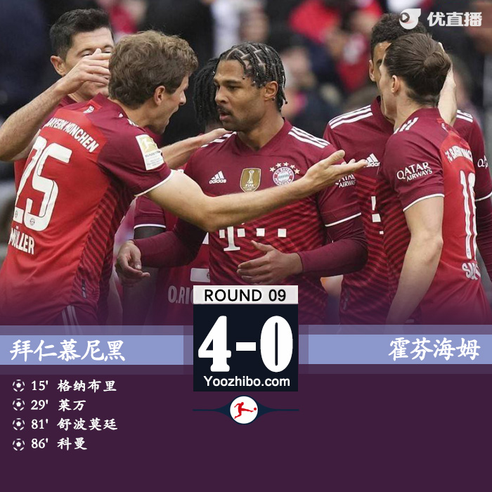 拜仁4-0霍芬海姆 莱万超级远射 格纳布里科曼破门