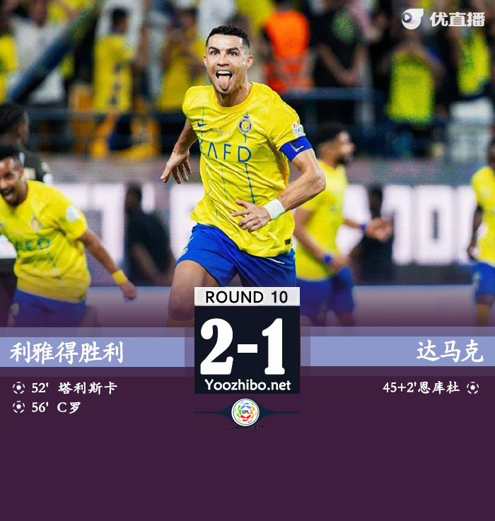 利雅得胜利2-1达马克 C罗任意球破门+12场12球