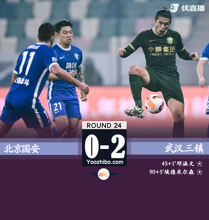 三镇2-0国安 邓涵文破门埃德米尔森点射 