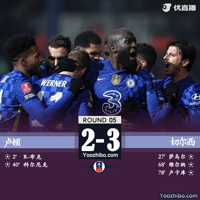 切尔西3-2卢顿   维尔纳1射2传卢卡库制胜进8强