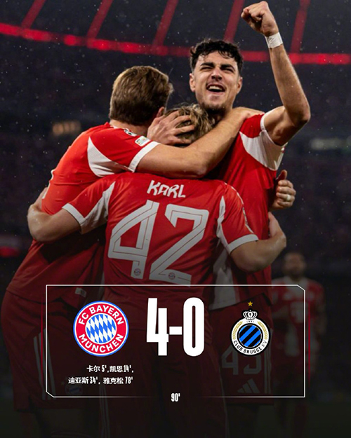 欧冠：拜仁4-0布鲁日 17岁卡尔世界波凯恩破门莱默尔造3球