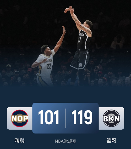 篮网119-101轻取鹈鹕，小波特35+9，克拉克斯顿三双